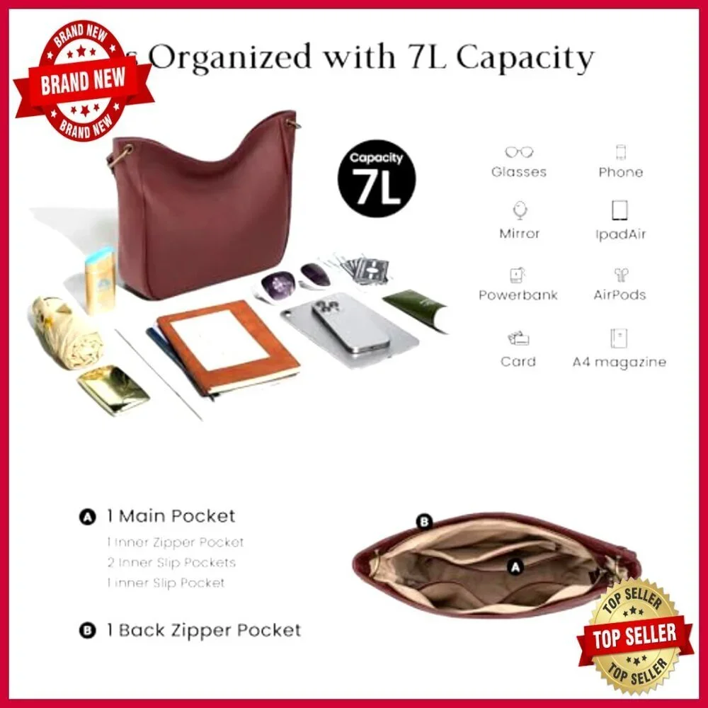 Genuine Leather Hobo Crossbody Bag with 2 Detachable Straps, 7L Capacity